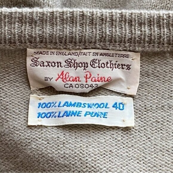 Y2K Alan Paine Sweater Mens Small Grey V Neck 100% Lambswool Preppy Neutral - Picture 9 of 10